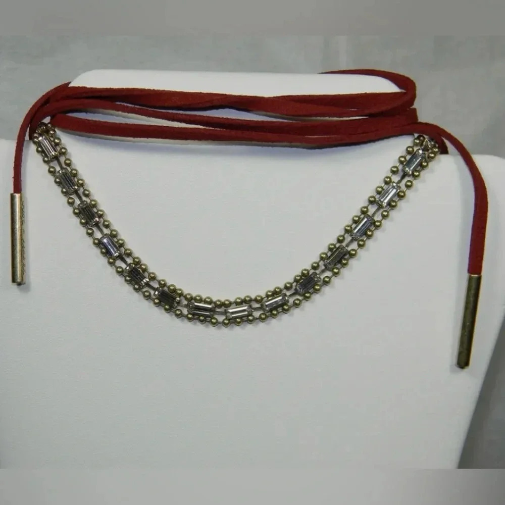 Jen Atkin Chloe + Isabel Red Leather Crystal Lariat Necklace or Headpiece - Picture 2 of 5